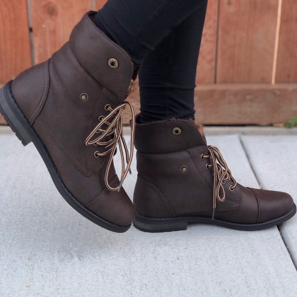 Brown Faux Shearling Cuff Combat Boots - Picture 3 of 8